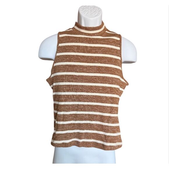 NWT Womens Old Navy Fitted Striped Earth Brown Ribbed Sleeveless Mock Neck Top L - Picture 2 of 2